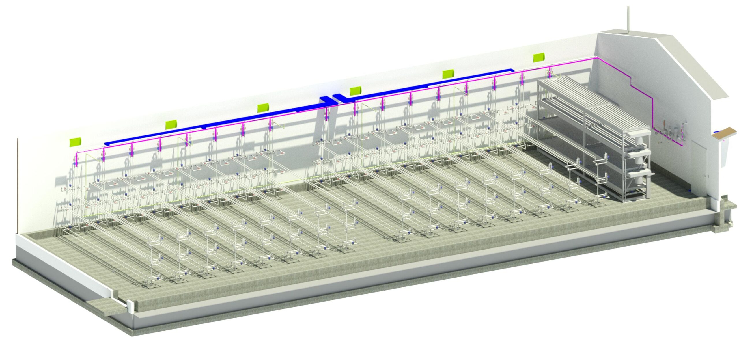 3D plumbing and mechanical systems layout inside greenhouse